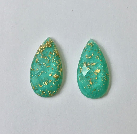 Gold Fleck - Aqua Teardrop 16x30mm Cabs (1 pair)