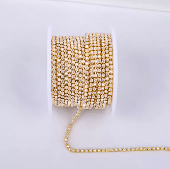 Pearl Rhinestone Gold Metal Banding - SS6 - 1 Yard