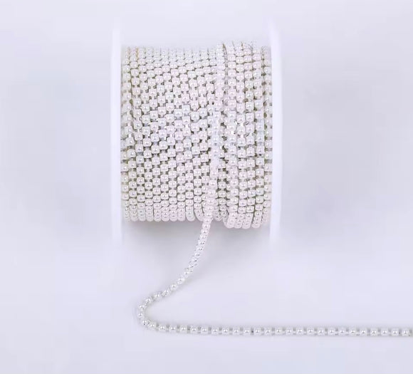 Pearl Rhinestone Silver Metal Banding - SS6 - 1 Yard