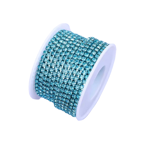 Aquamarine Crystal Rhinestone Metal Banding - SS6 - 1 Yard