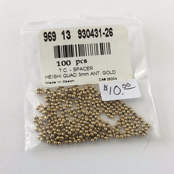 Spacer Beads - Heishi Quad 3mm Ant. Gold (100pcs)